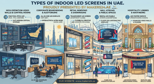 Types Of Indoor LED Screens UAE | Video Wall, Boardroom & Retail Displays
