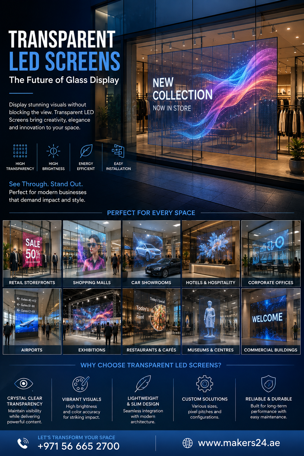 Transparent LED Screens in UAE – Modern Glass Display Solutions by Makers24