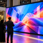 LED video wall at a UAE exhibition stand with visitors viewing the screen from different distances