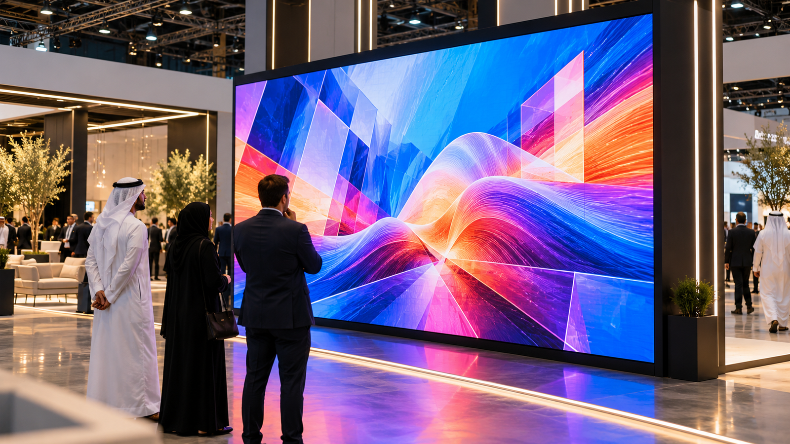 LED video wall at a UAE exhibition stand with visitors viewing the screen from different distances